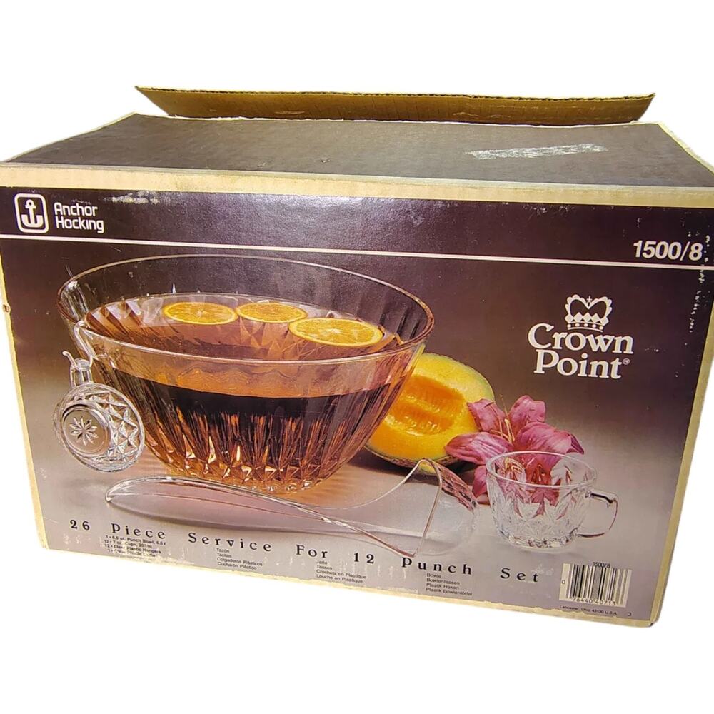 RARE & VTG COMPLETE 26 Pieces Punch Bowl Set Crown Point by Anchor Hocking MINT!